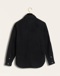 Back view of The Allen deslvedge denim western shirt in blacj by savas