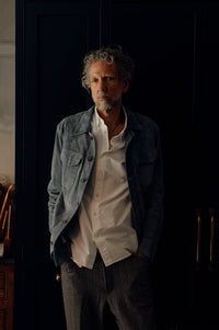 Savas Italian-made suede overshirt in Aster Blue — elegant men’s shirt jacket featuring unlined body and trapezoid chest pockets.