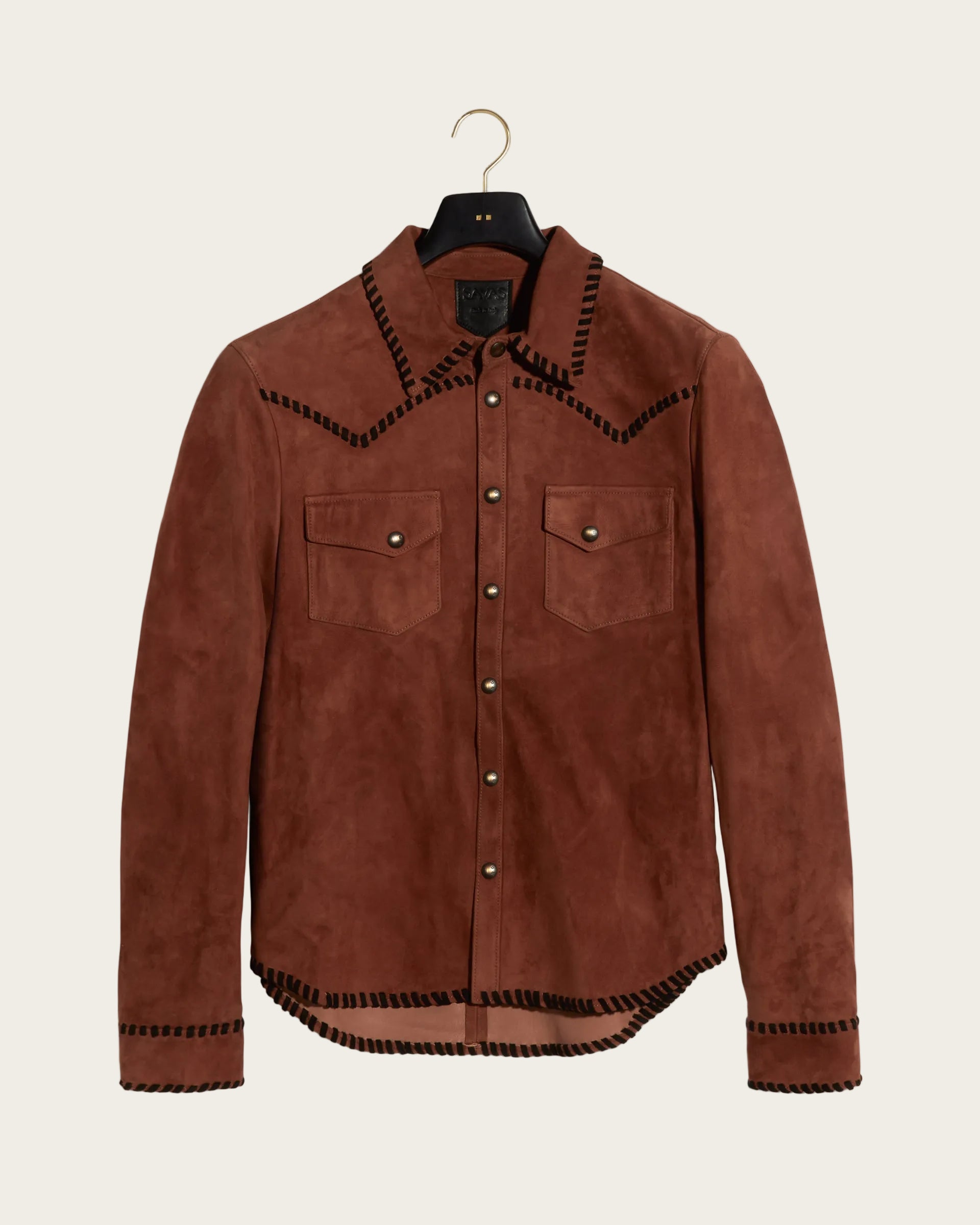 The Lowry Shirt: Terracotta Blanket Stitched Lamb Suede