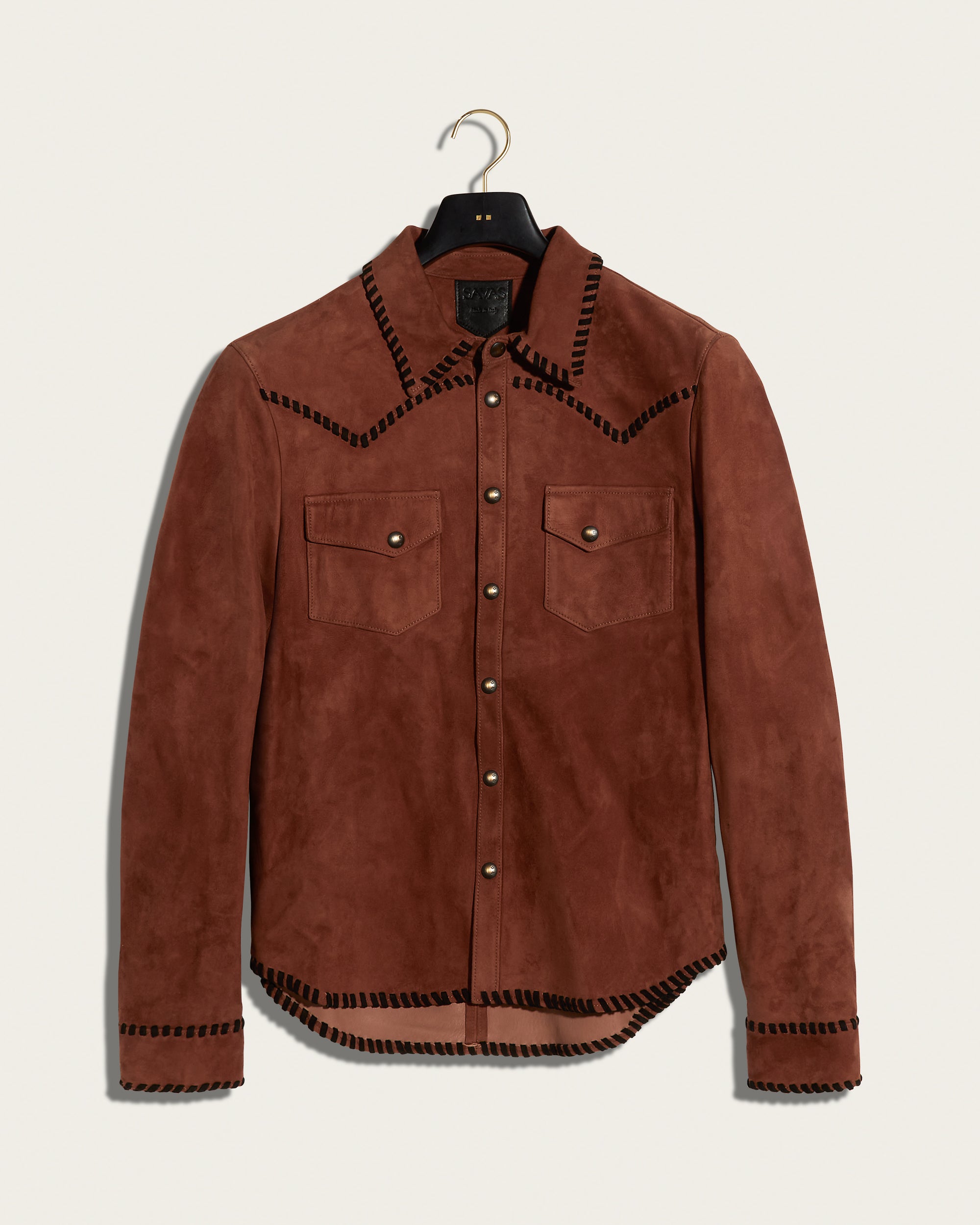 The Lowry Shirt: Terracotta Blanket Stitched Lamb Suede