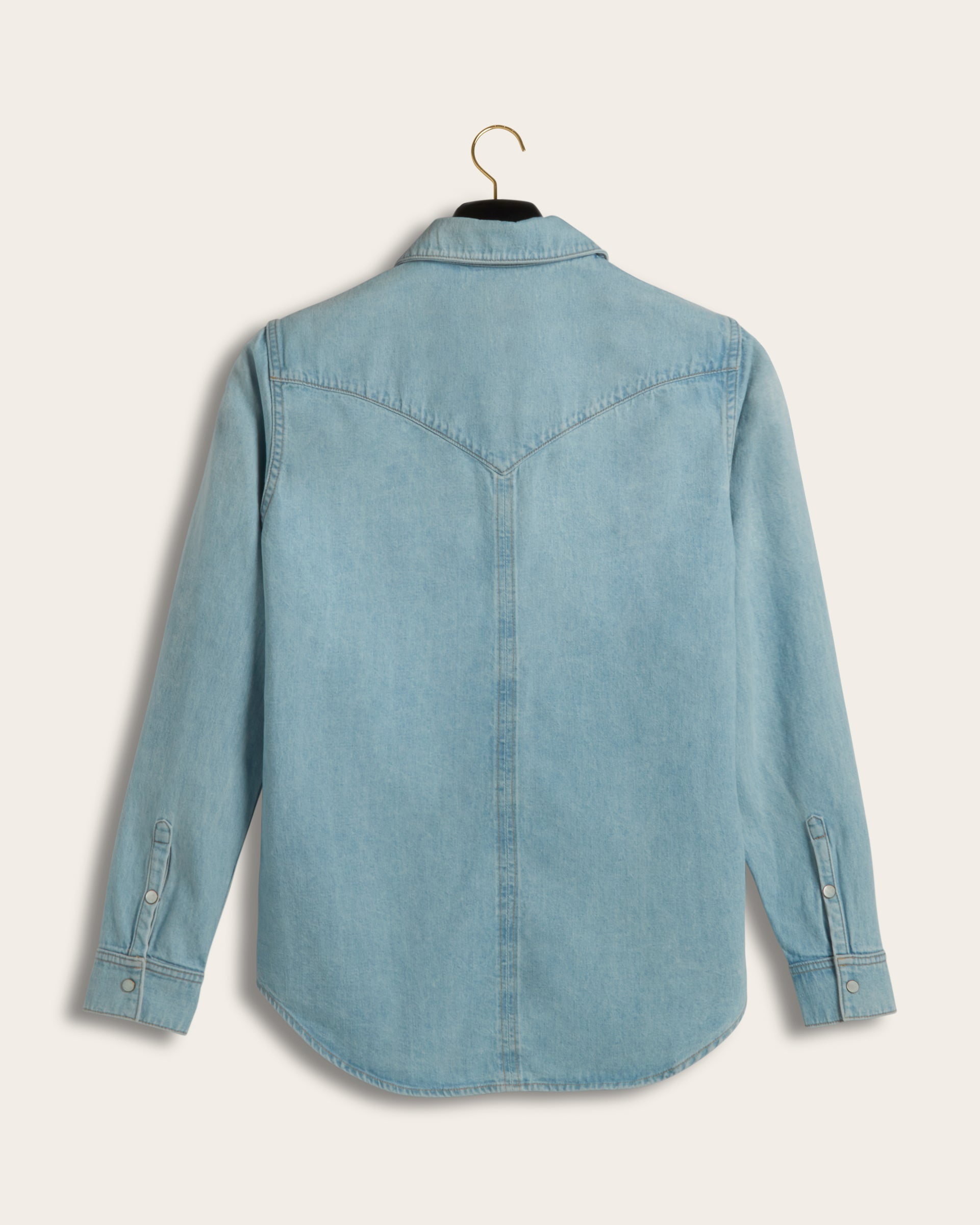 Back view of Savas Allen Shirt in pale blue showing back yoke detail and seam and ivory snap buttons on cuffs