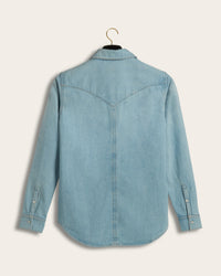 Back view of Savas Allen Shirt in pale blue showing back yoke detail and seam and ivory snap buttons on cuffs