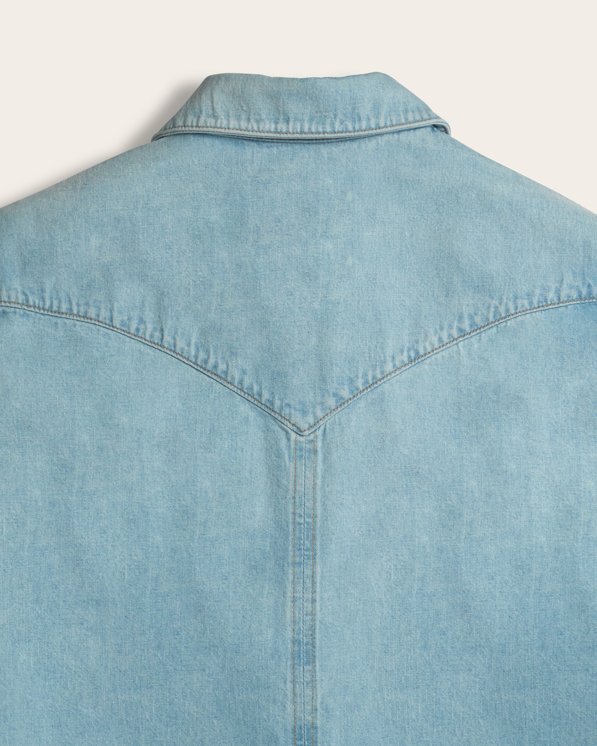 Close up of back yoke detail and back of collar on The Allen pale blue shirt by Savas