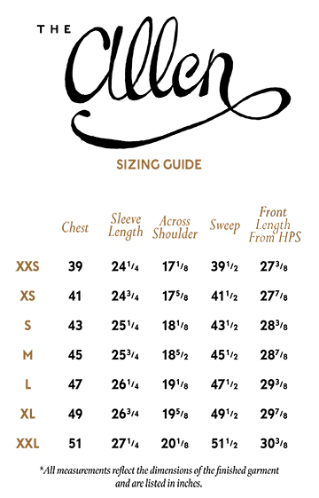 Atelier Savas The Allen Shirt sizing guide with measurement diagram