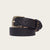 Savas Woodmont Belt in black Burmese python leather, coiled to show scale pattern, antique brass buckle and Two Dots rivets