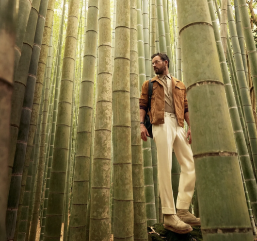 Image of a man in a Savas jacket posing among bamboo plants.