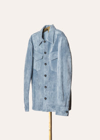 Savas Roving overshirt in Aster Blue — artisan-made Italian suede shirt jacket for men, crafted from premium full-grain calf suede.