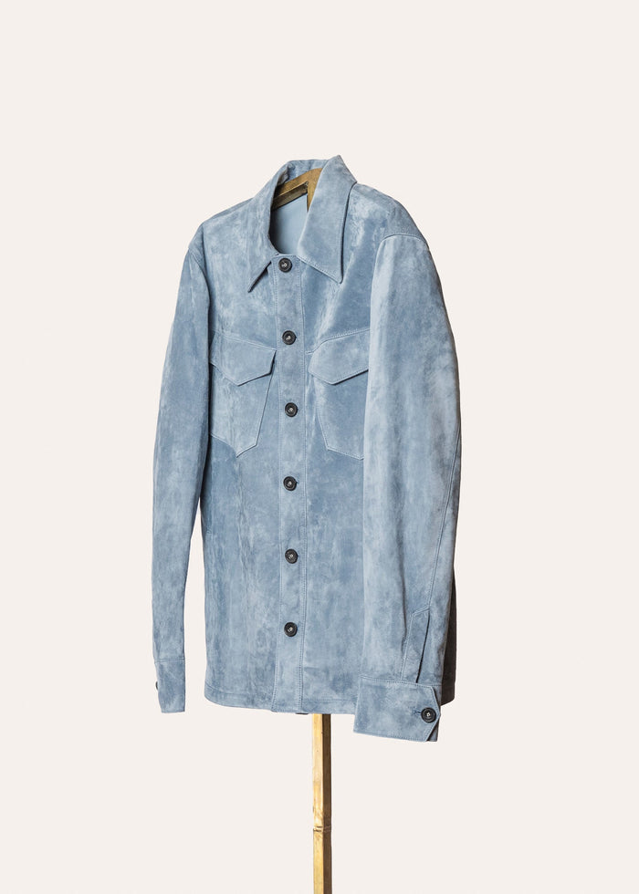 Savas Roving overshirt in Aster Blue — artisan-made Italian suede shirt jacket for men, crafted from premium full-grain calf suede.