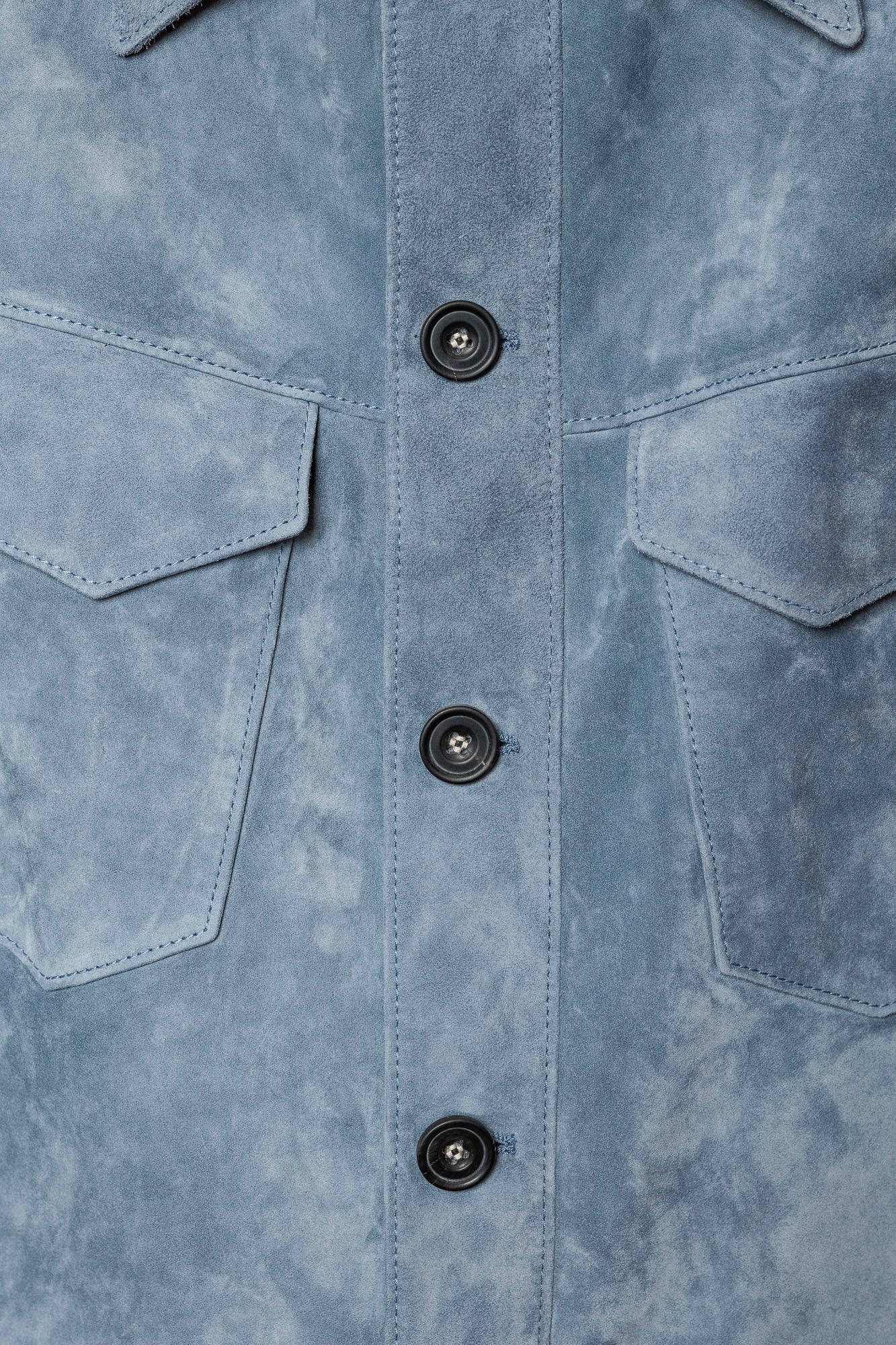 Luxury suede overshirt for men in Aster Blue — full-grain Italian calf suede jacket with buffalo horn buttons, made by Savas.