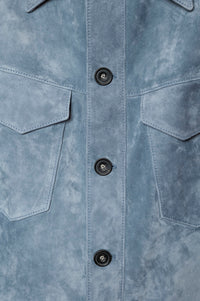 Luxury suede overshirt for men in Aster Blue — full-grain Italian calf suede jacket with buffalo horn buttons, made by Savas.