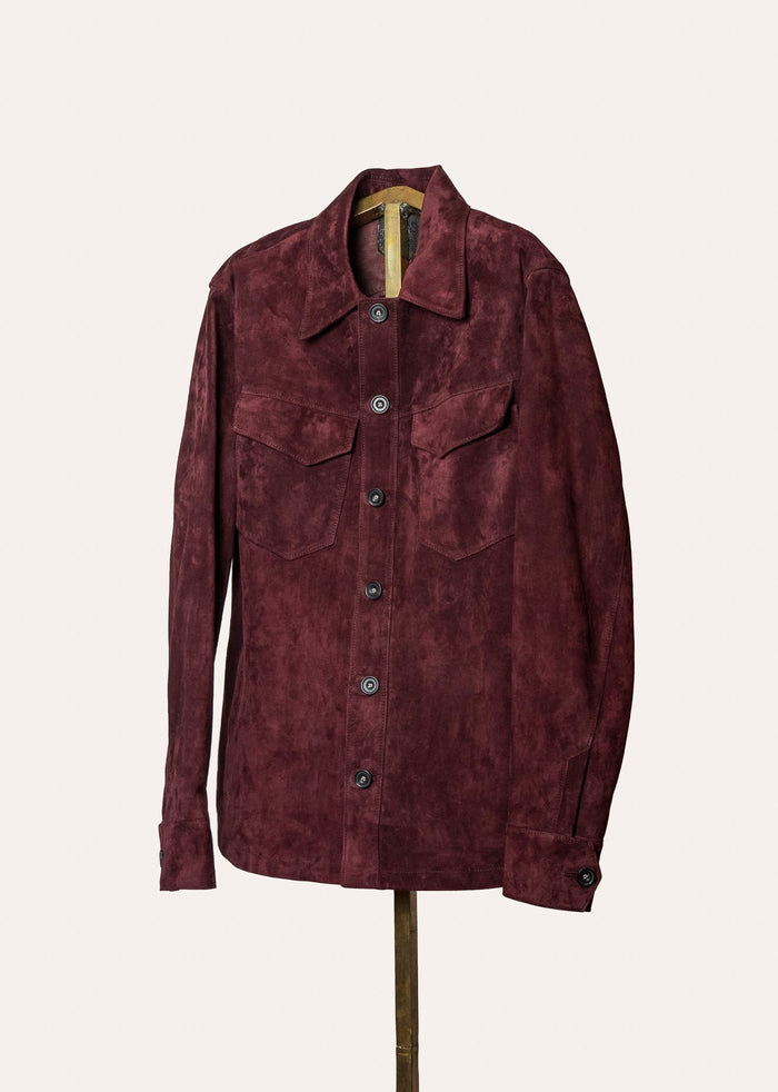 Handcrafted Italian suede jacket for men — Savas Roving in Eggplant, refined overshirt in rich purple suede with signature brass rivets.