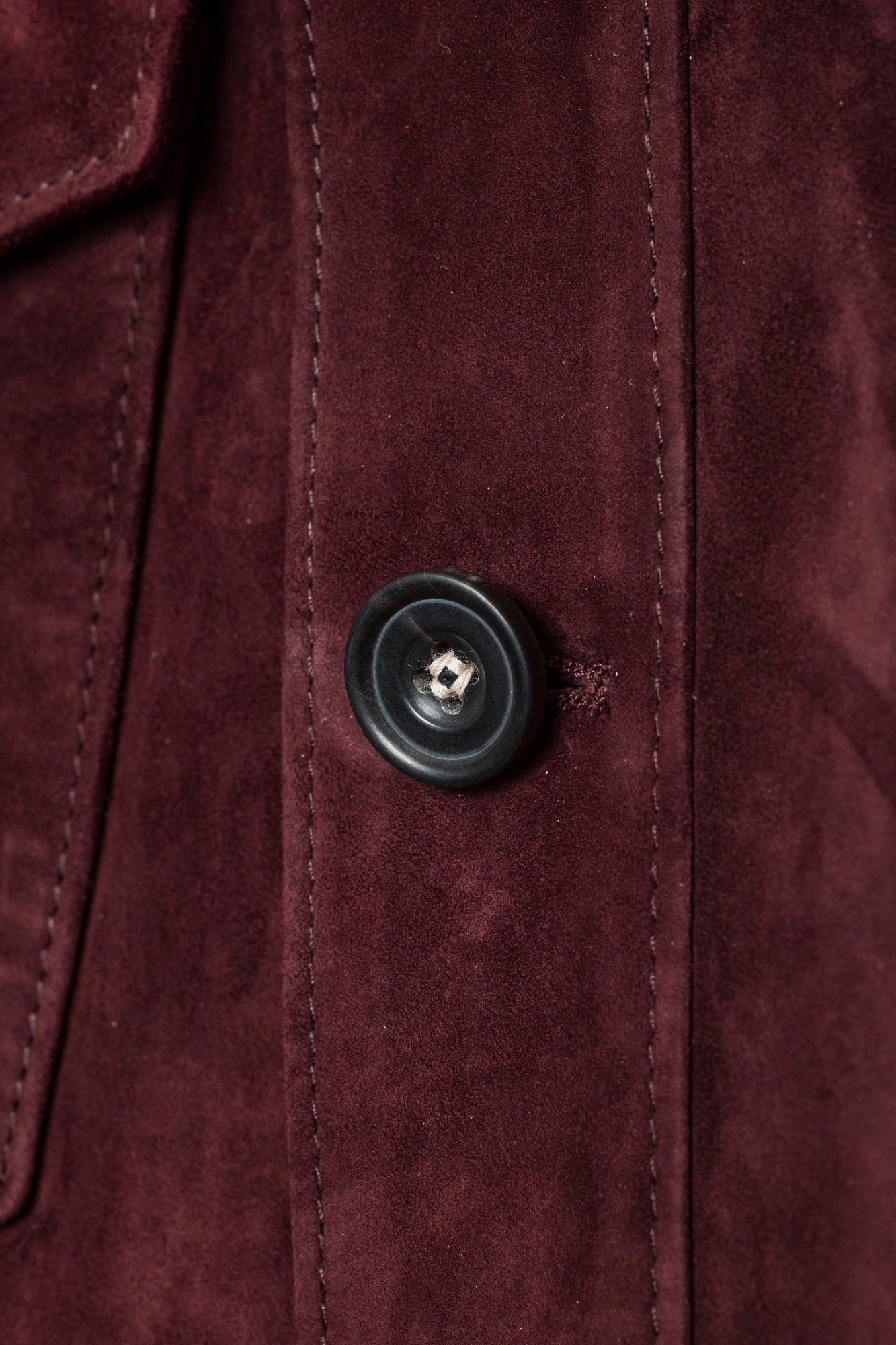 Handmade Italian suede overshirt in Eggplant Wedgewood by Savas — elegant men’s three-season jacket with signature box-stitch button detail.