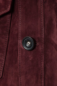 Handmade Italian suede overshirt in Eggplant Wedgewood by Savas — elegant men’s three-season jacket with signature box-stitch button detail.