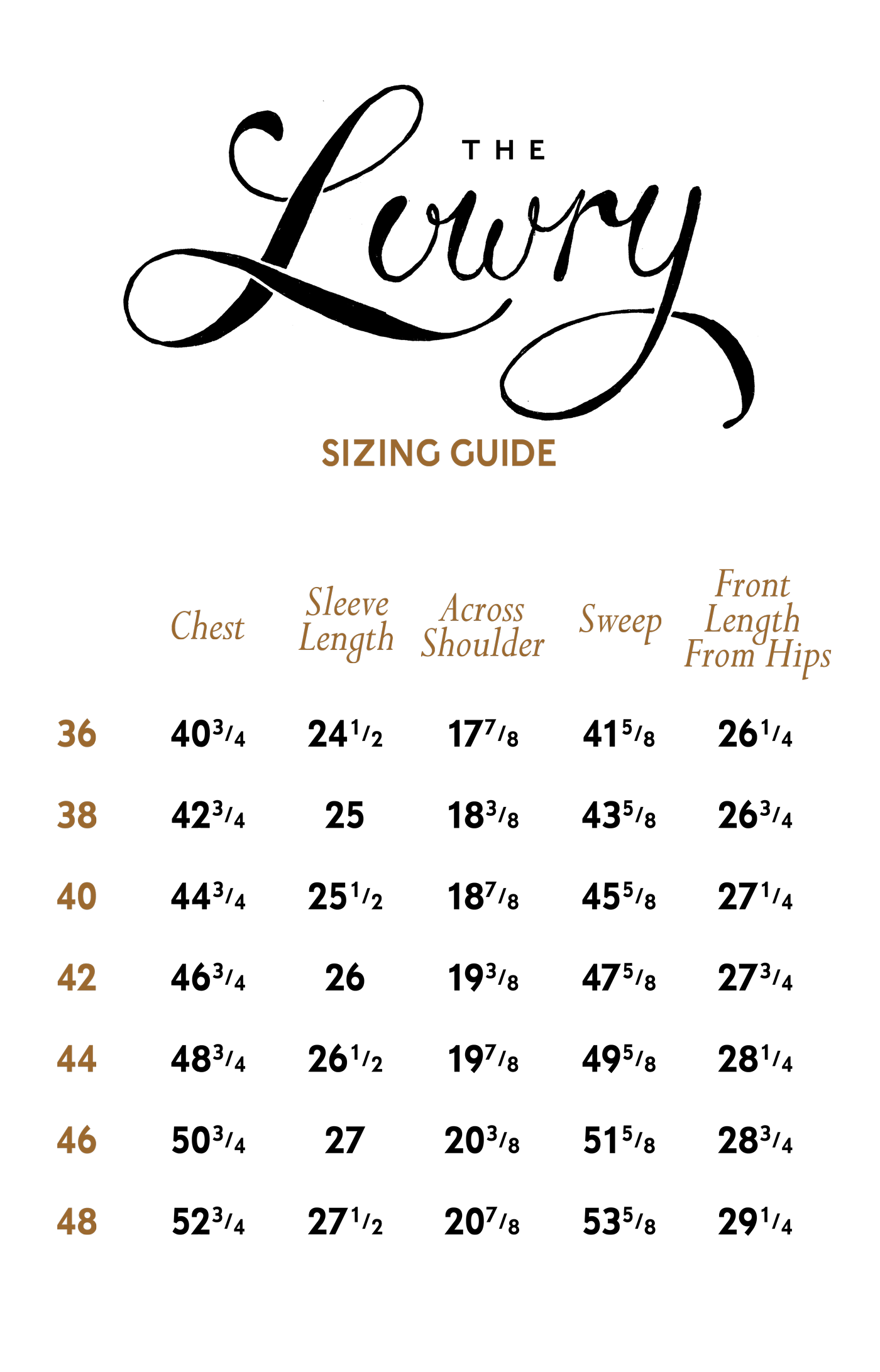 Lowry Jacket Sizing Guide