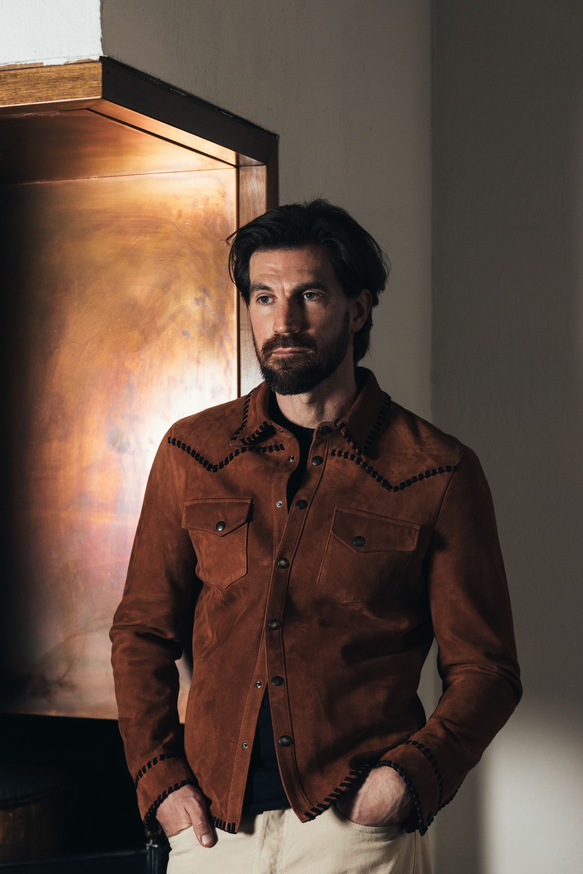 The Lowry Shirt: Terracotta Blanket Stitched Lamb Suede