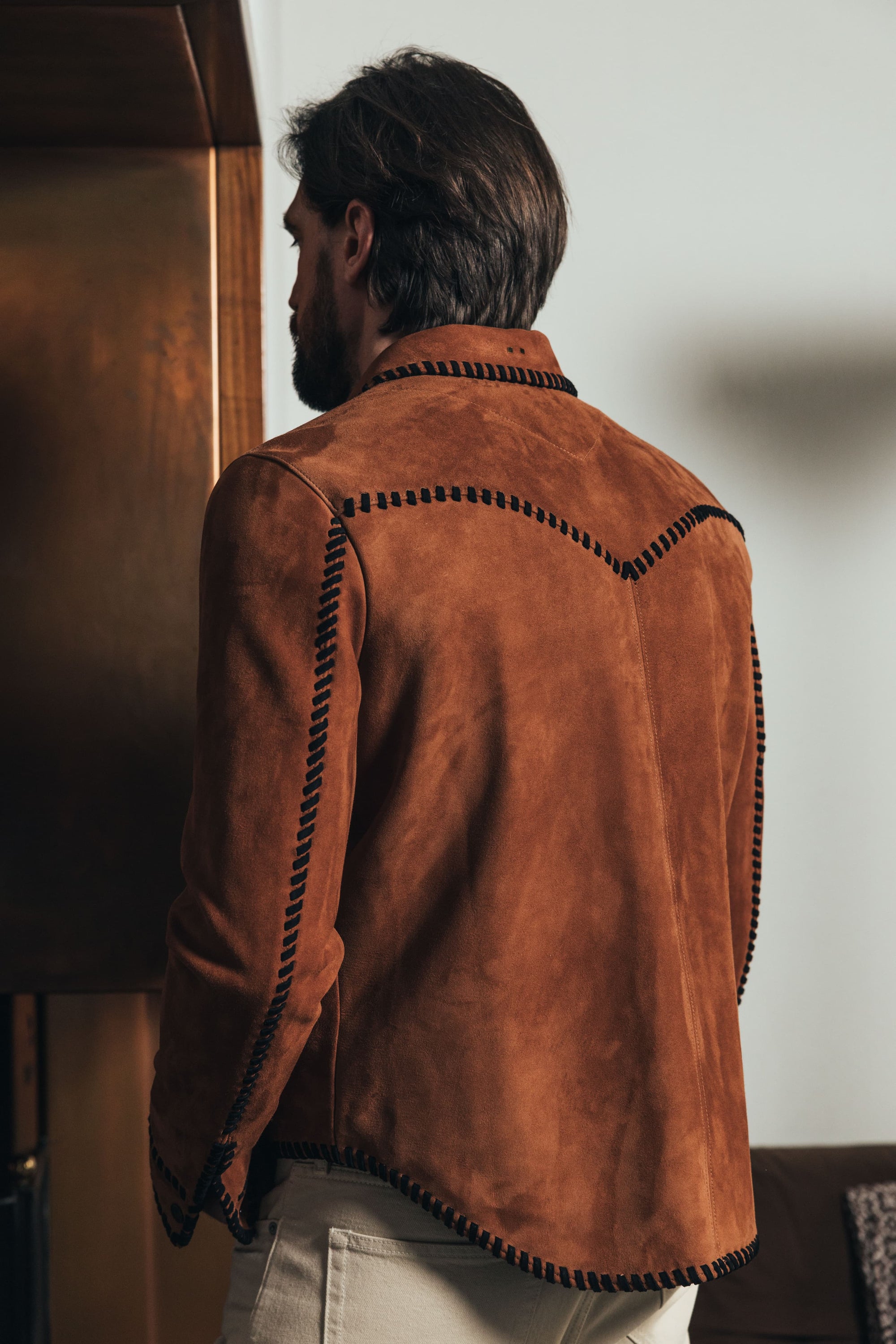 The Lowry Shirt: Terracotta Blanket Stitched Lamb Suede