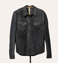 Dark gray suede shirt on a mannequin against a white background