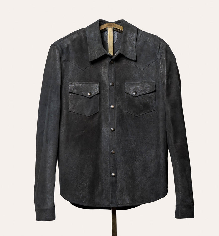 Dark gray suede shirt on a mannequin against a white background