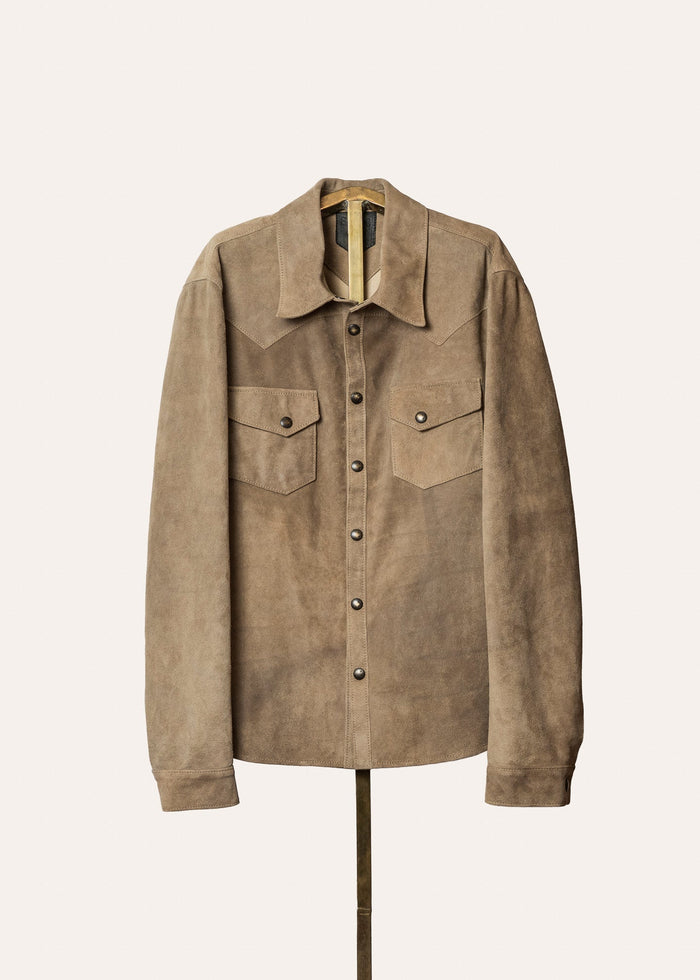 Brown suede jacket on a mannequin against a white background