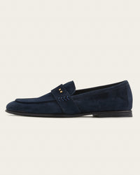 Atelier Savas The Coyle sapphire suede loafer, side profile, Two Dots brass rivets and hand-stacked leather heel