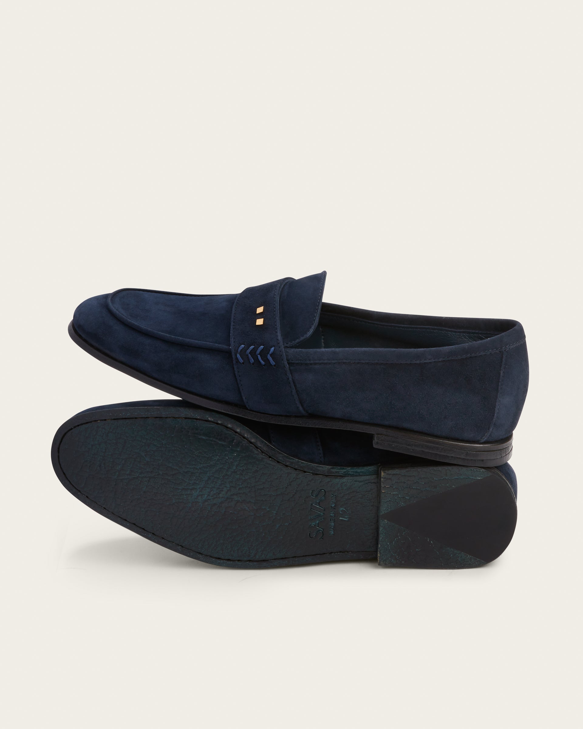 Pair of Atelier Savas Coyle loafers showing suede upper and 4mm softened buffalo leather sole 