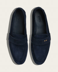 Top view of The Coyle loafers in sapphire Italian calf suede, Two Dots signature brass rivets centered at vamp