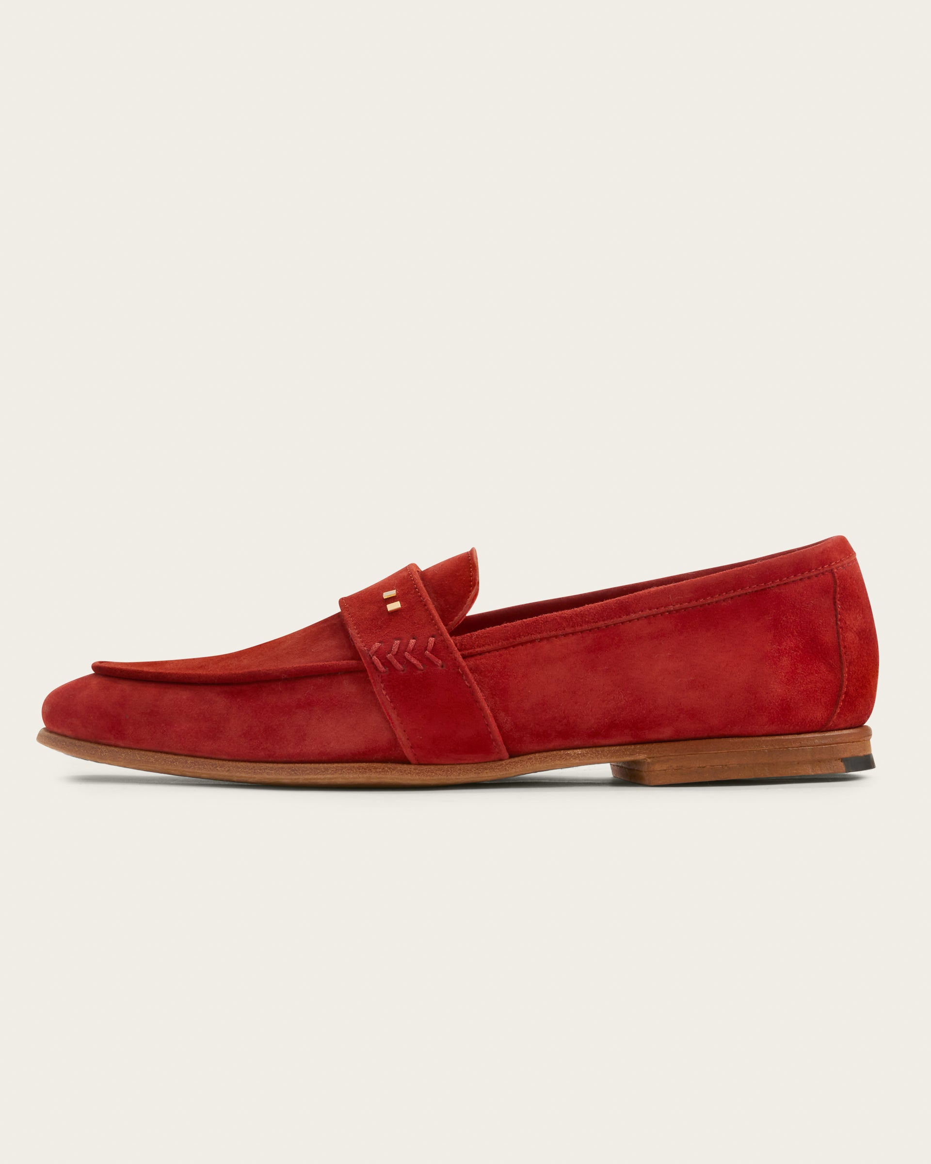 Atelier Savas The Coyle loafer in saffron Italian calf suede, side profile, Two Dots signature brass rivets and hand-stacked leather heel