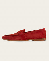 Atelier Savas The Coyle loafer in saffron Italian calf suede, side profile, Two Dots signature brass rivets and hand-stacked leather heel