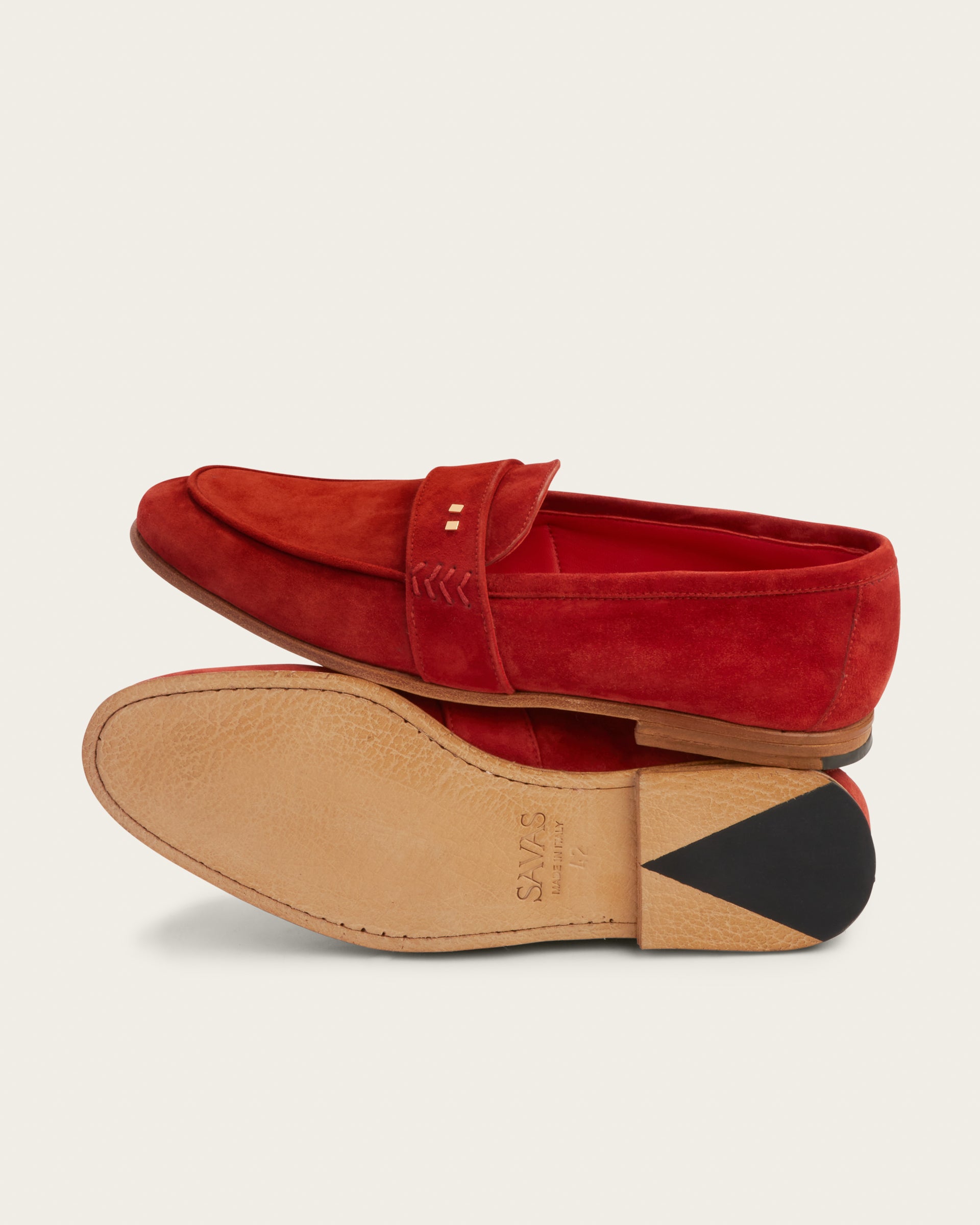 Pair of Atelier Savas Coyle loafers showing 4mm softened buffalo leather natural tan sole