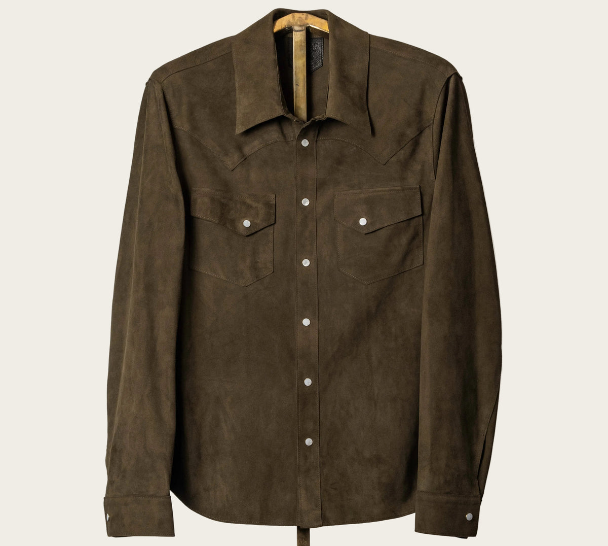 Atelier Savas The Aspen Shirt in Military goat suede, front view showing western yoke, dual chest pockets and shell snaps