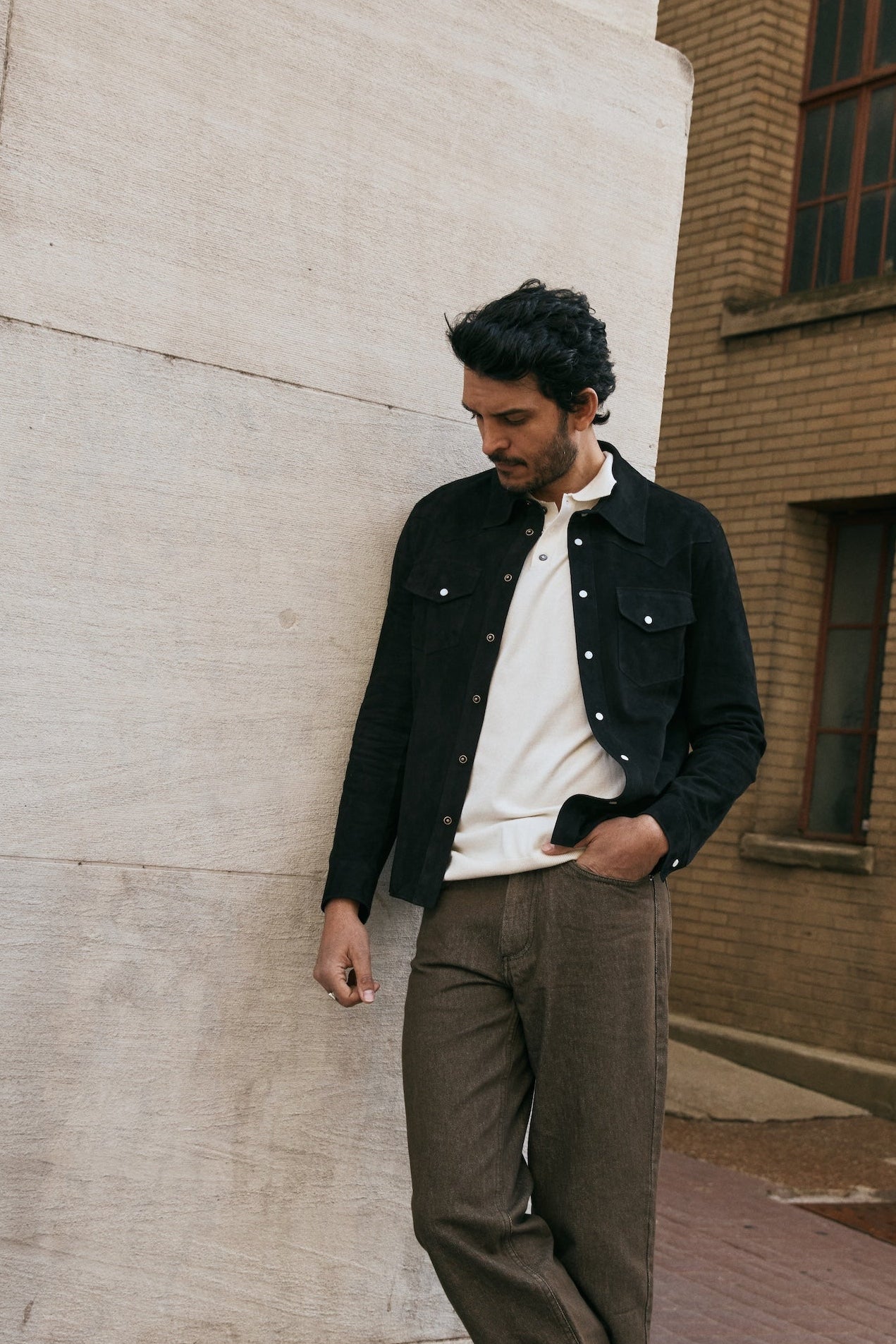 Atelier Savas The Aspen Shirt in black goat suede on model, slim fit and western silhouette, handmade in Tuscany