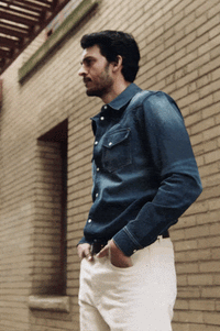 Atelier Savas The Allen Shirt in Lake Rinse denim on model, showing hand-aged indigo fade and tailored fit at chest