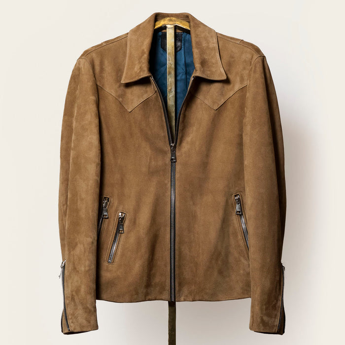 Suede jacket featuring three exterior zip pockets, adjustable sleeve gussets, and a clean, minimalist cut.