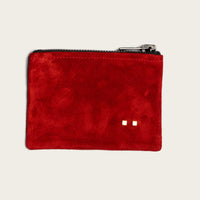 Red suede pouch with a zipper on a light gray background