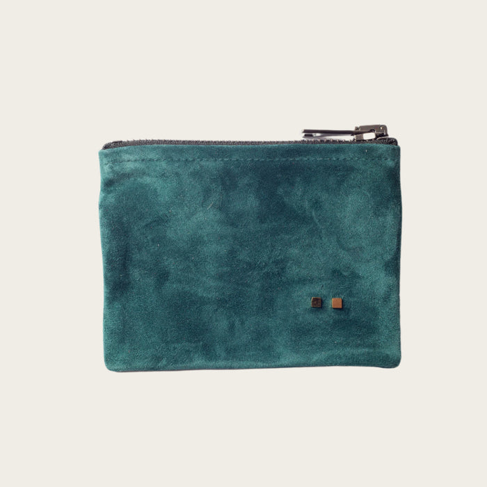 Blue suede pouch with a zipper on a white background