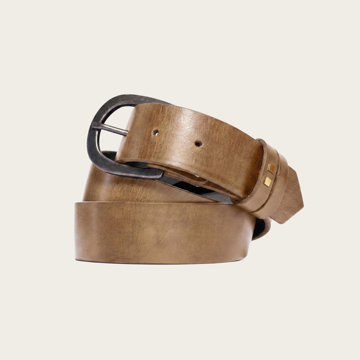 Woodmont Belt by Savas in light tan Seed calf leather with gunmetal buckle, coiled side view