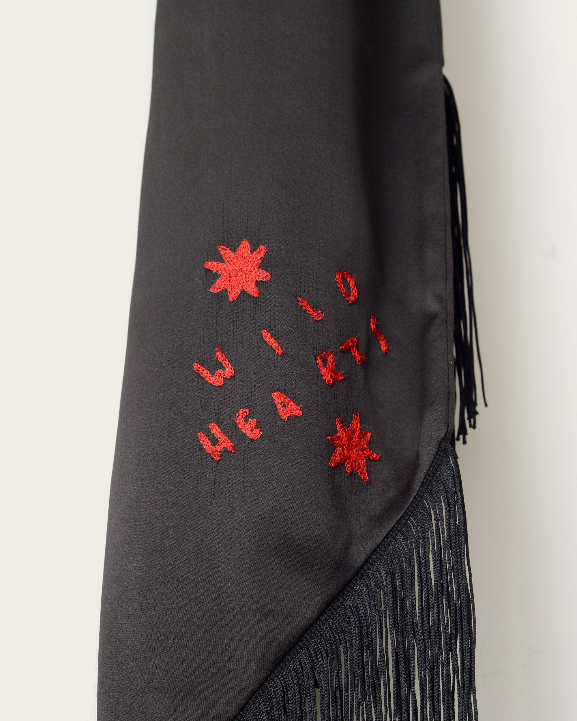 Embroidered Silk Scarf -  Black Wild Hearts(Wide)