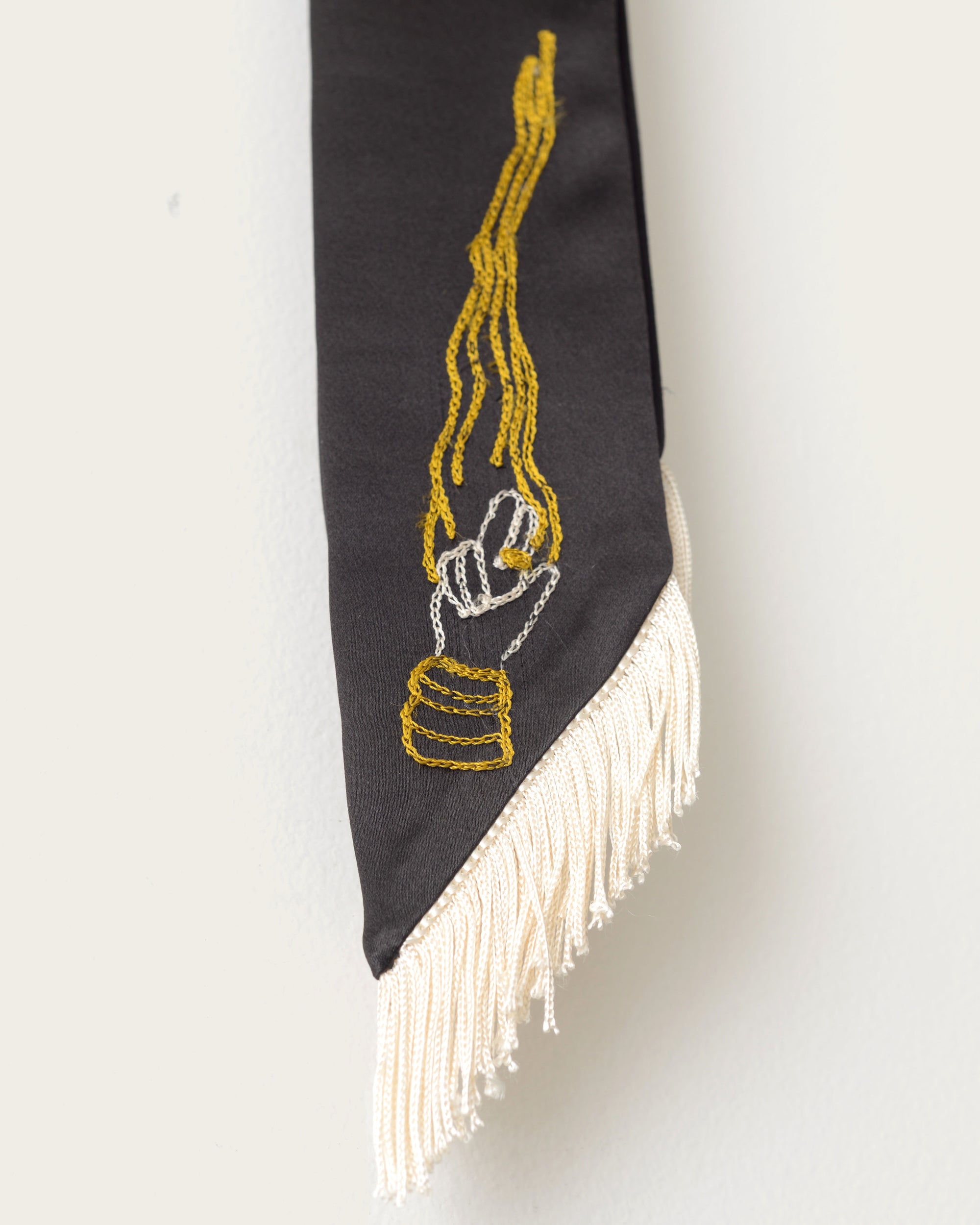 Embroidered Silk Scarf -  Black Smoking Hand(Skinny)