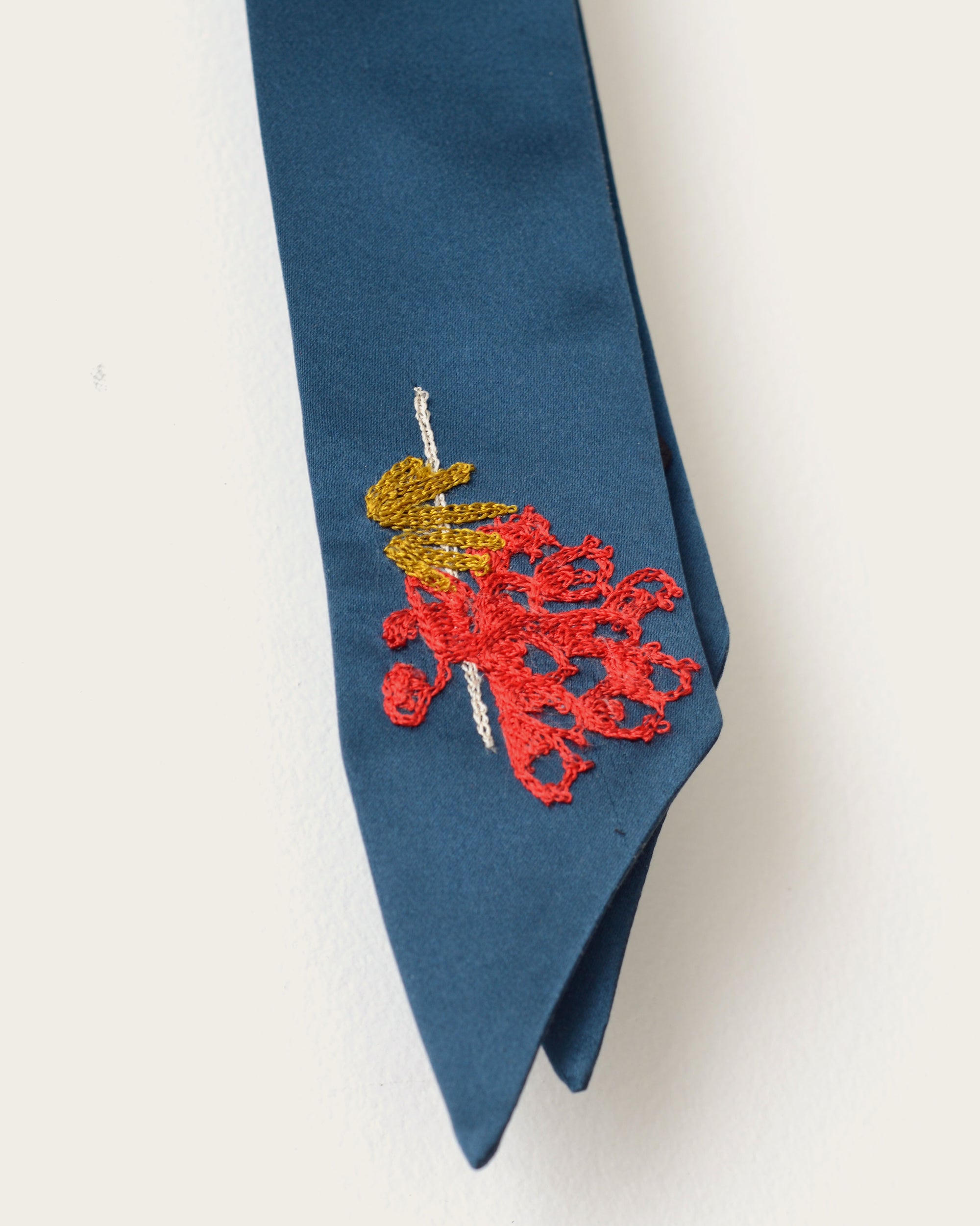 Embroidered Silk Scarf -  Indigo Cactus(Skinny)