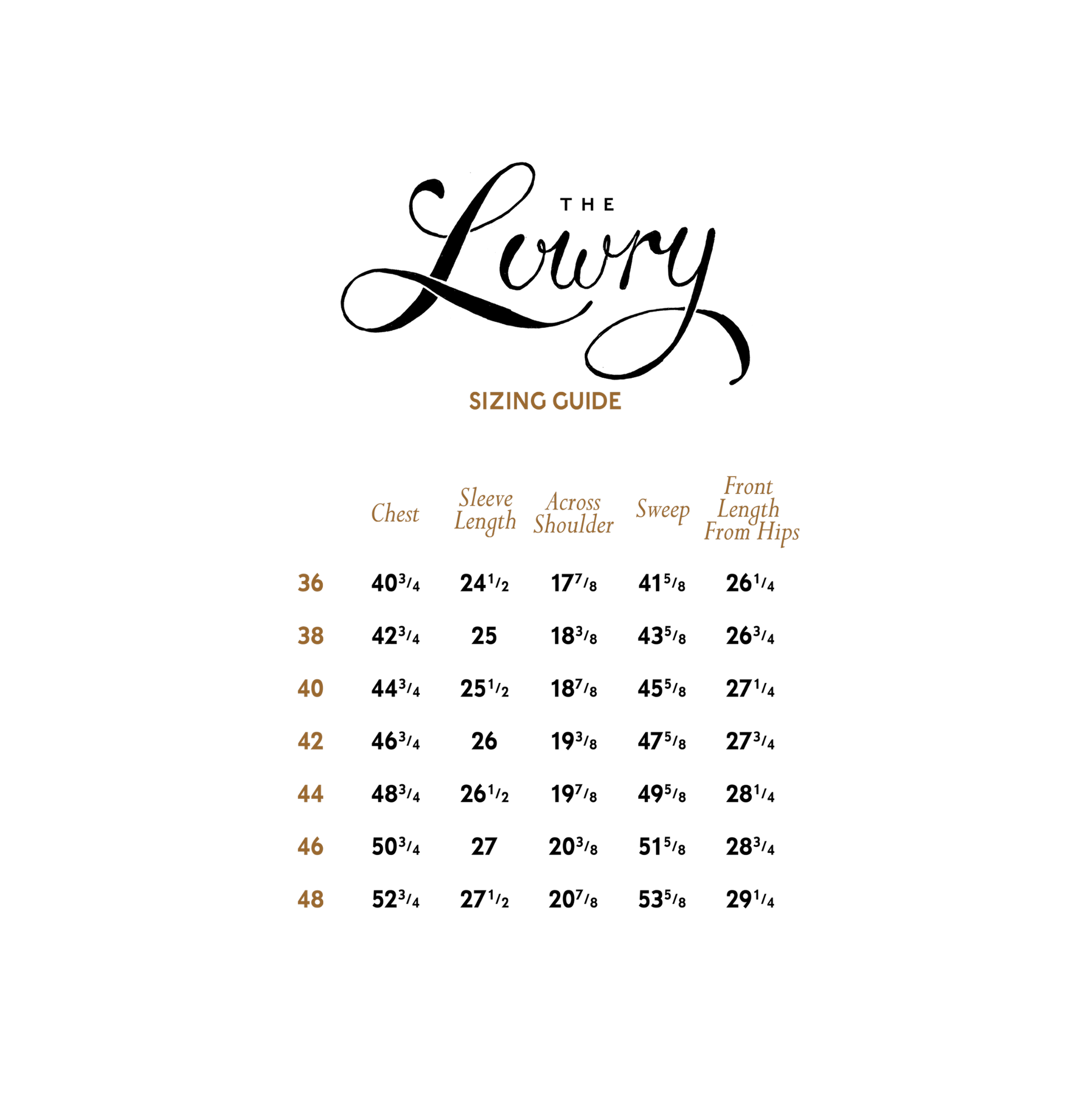 Size chart for Lowry Shirt