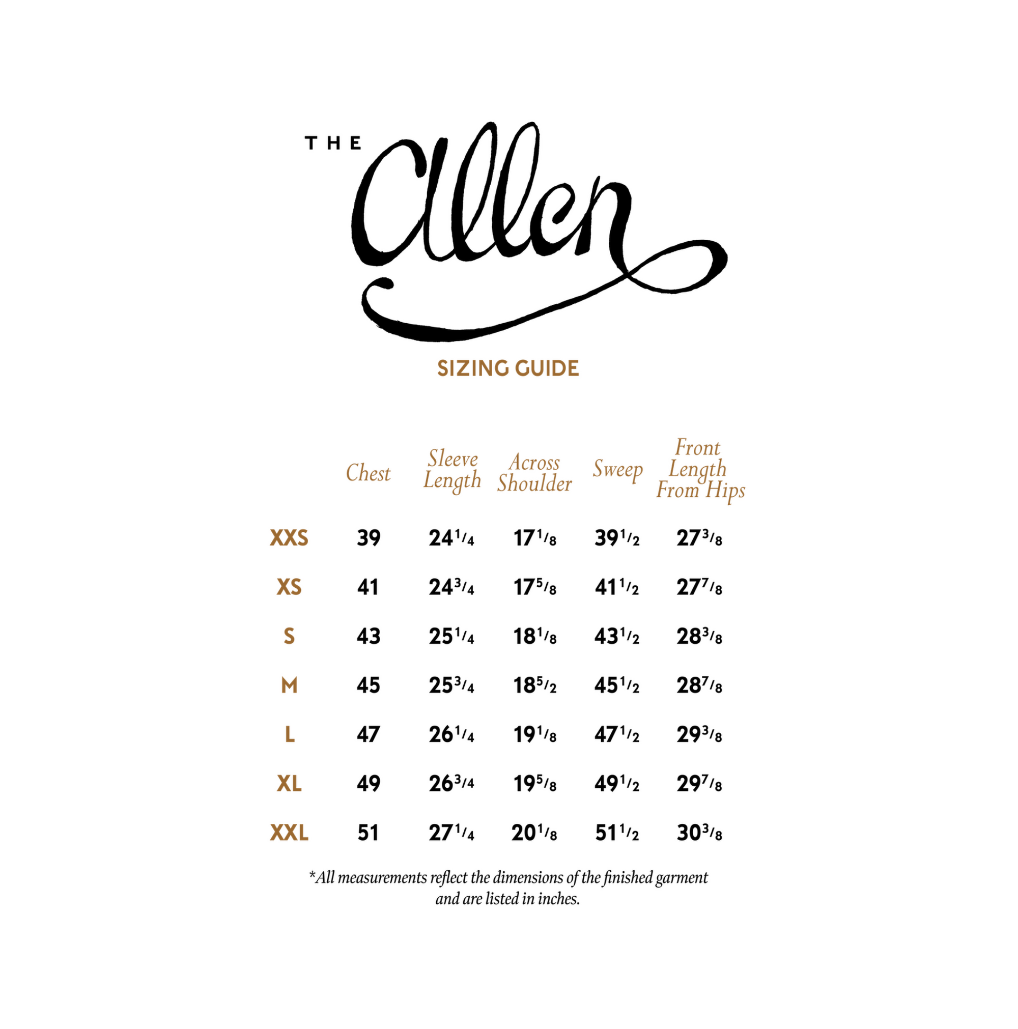 sizing guide with measurements on a white background