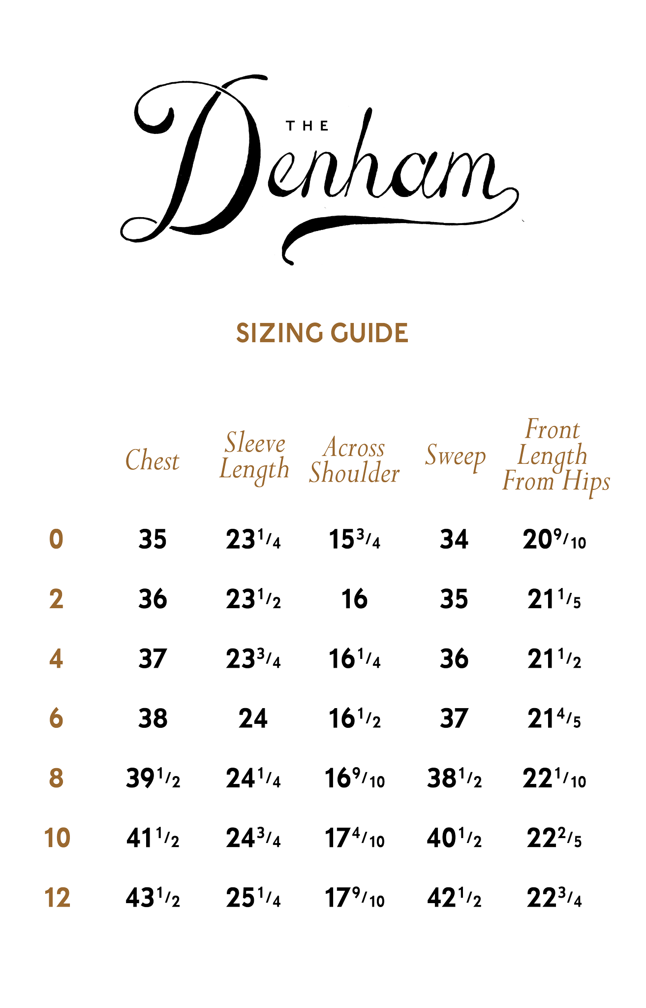 Denham sizing guide chart on a white background
