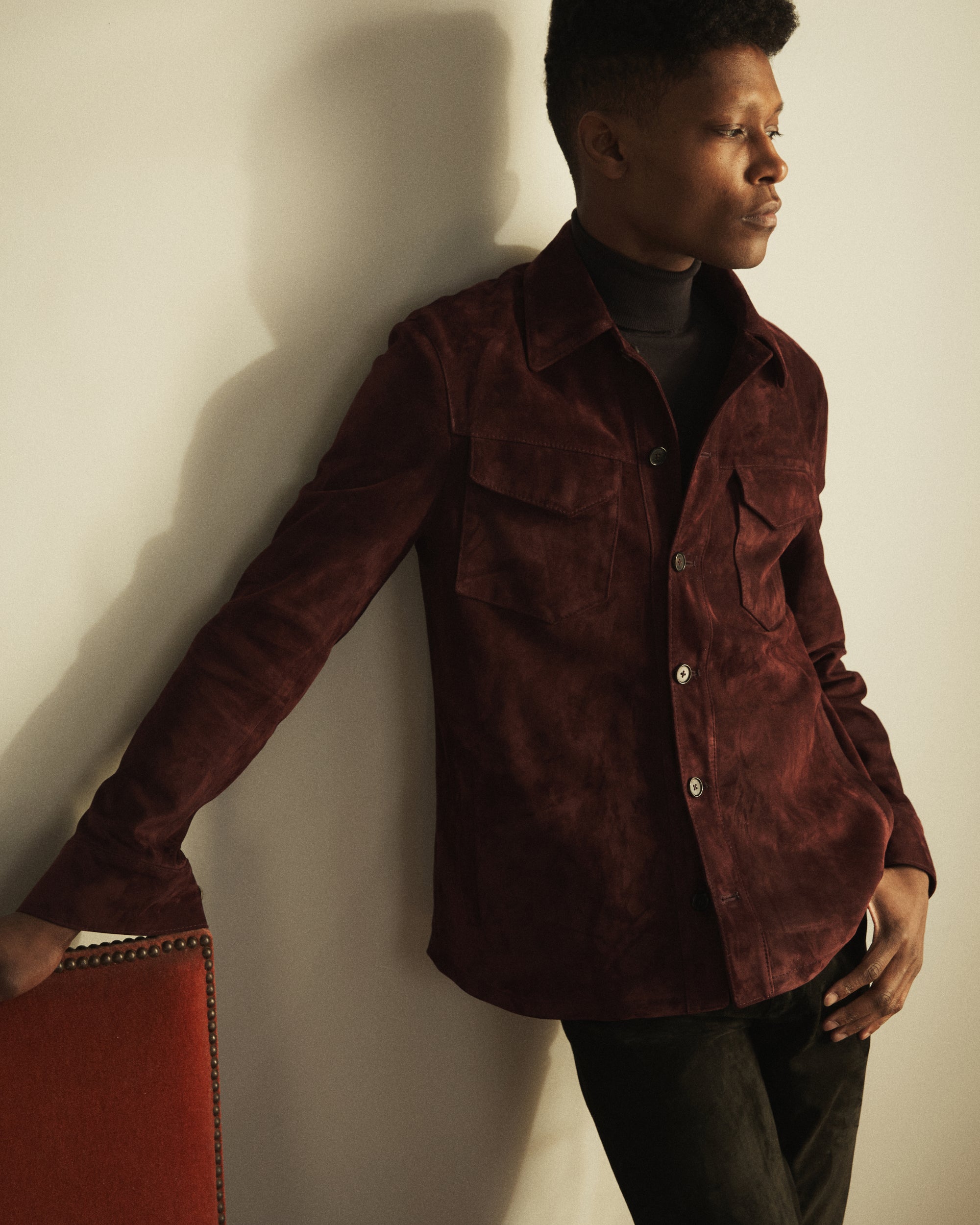 Handmade Italian suede overshirt in Eggplant Wedgewood by Savas — elegant men’s three-season jacket with signature box-stitch button detail.