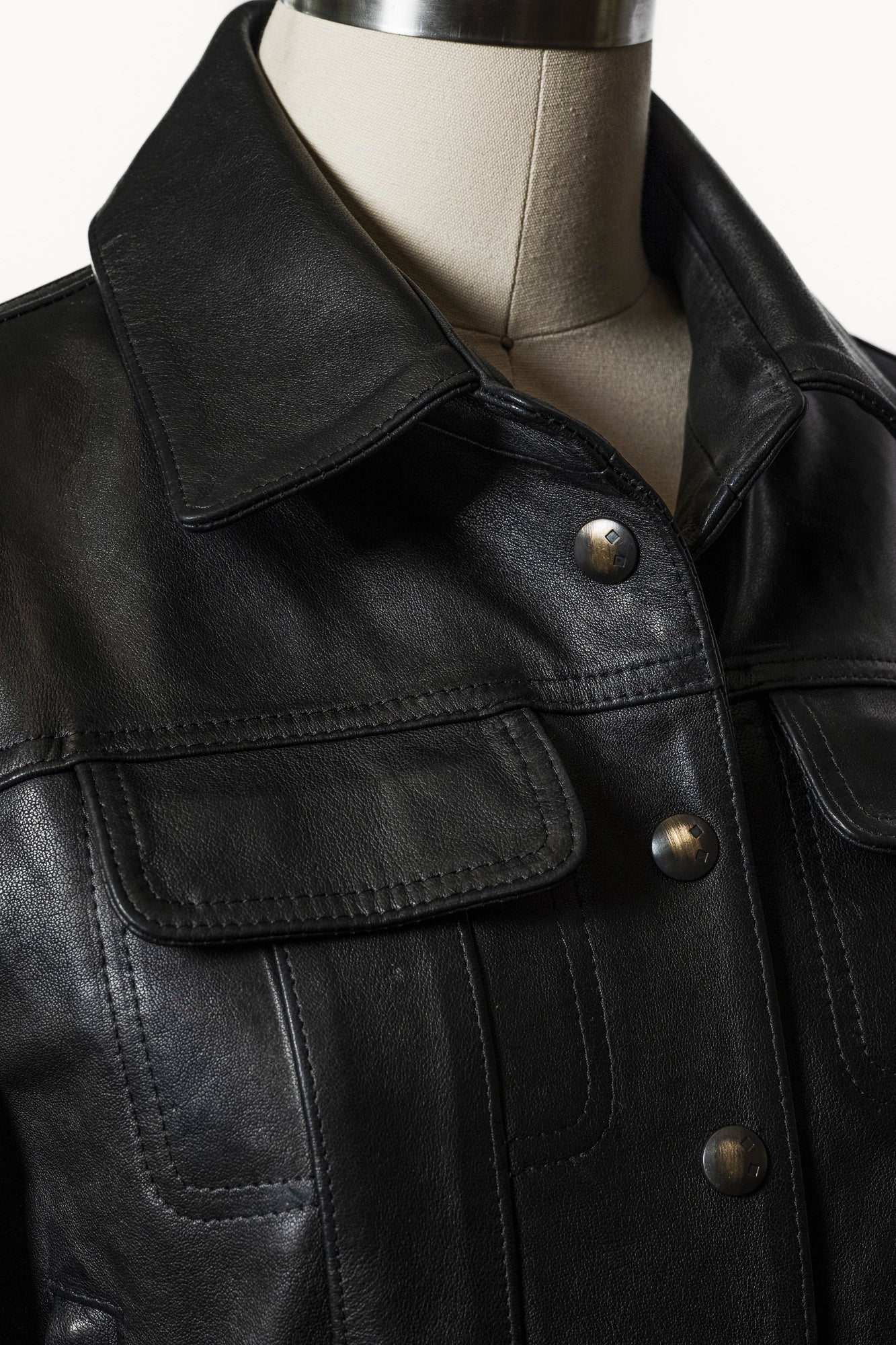 Black leather jacket on a mannequin with a close-up view of buttons and collar.