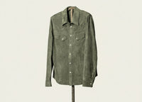 Atelier Savas The Aspen Shirt in Green Tea Harpeth goat suede, full-length front view showing slim-to-regular fit, western structure and hand-cut raw edges, handmade in Tuscany