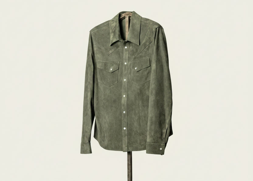 Atelier Savas The Aspen Shirt in Green Tea Harpeth goat suede, full-length front view showing slim-to-regular fit, western structure and hand-cut raw edges, handmade in Tuscany
