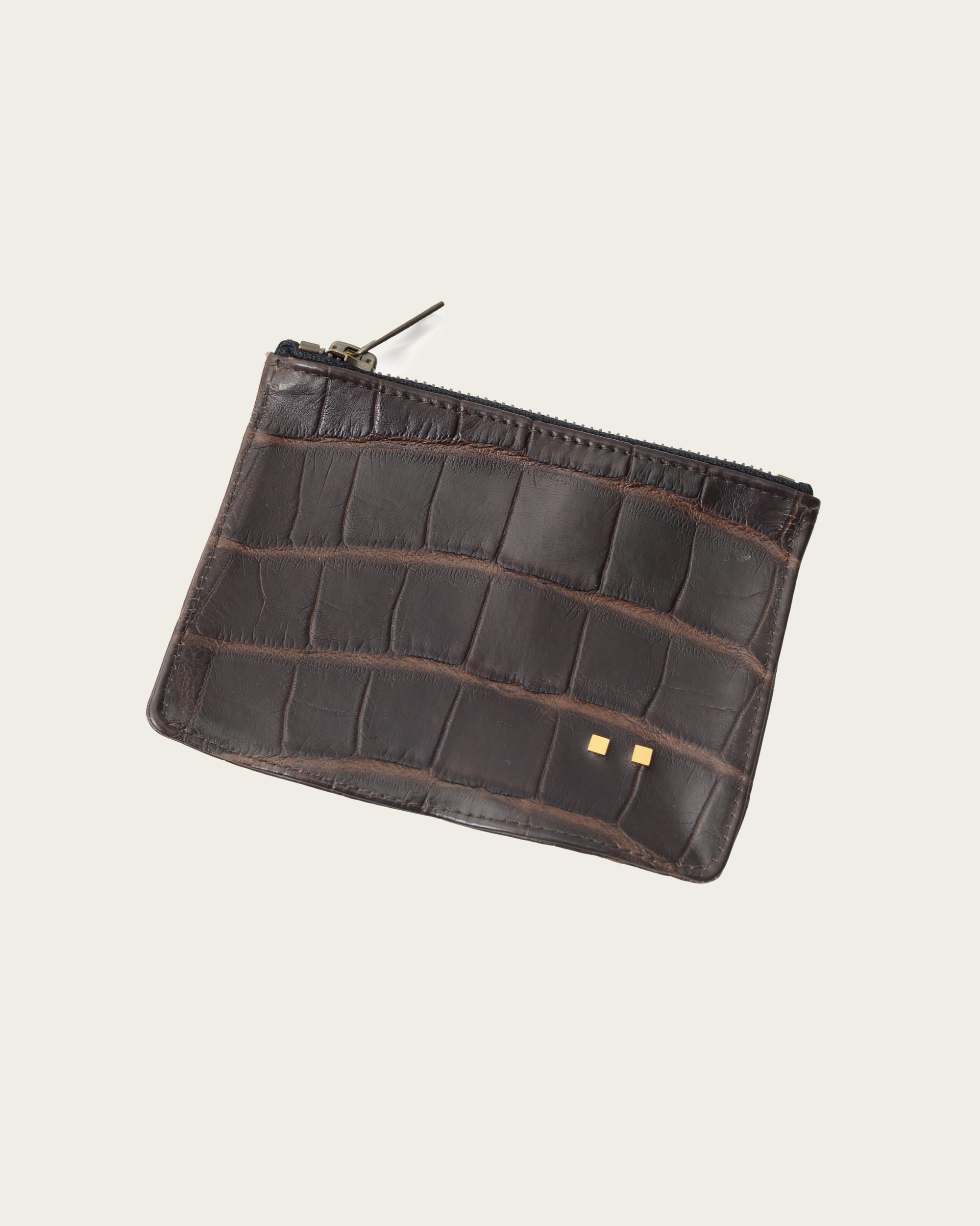 brown alligator wallet with gold handmade rivets by atelier savas in nashville tennessee