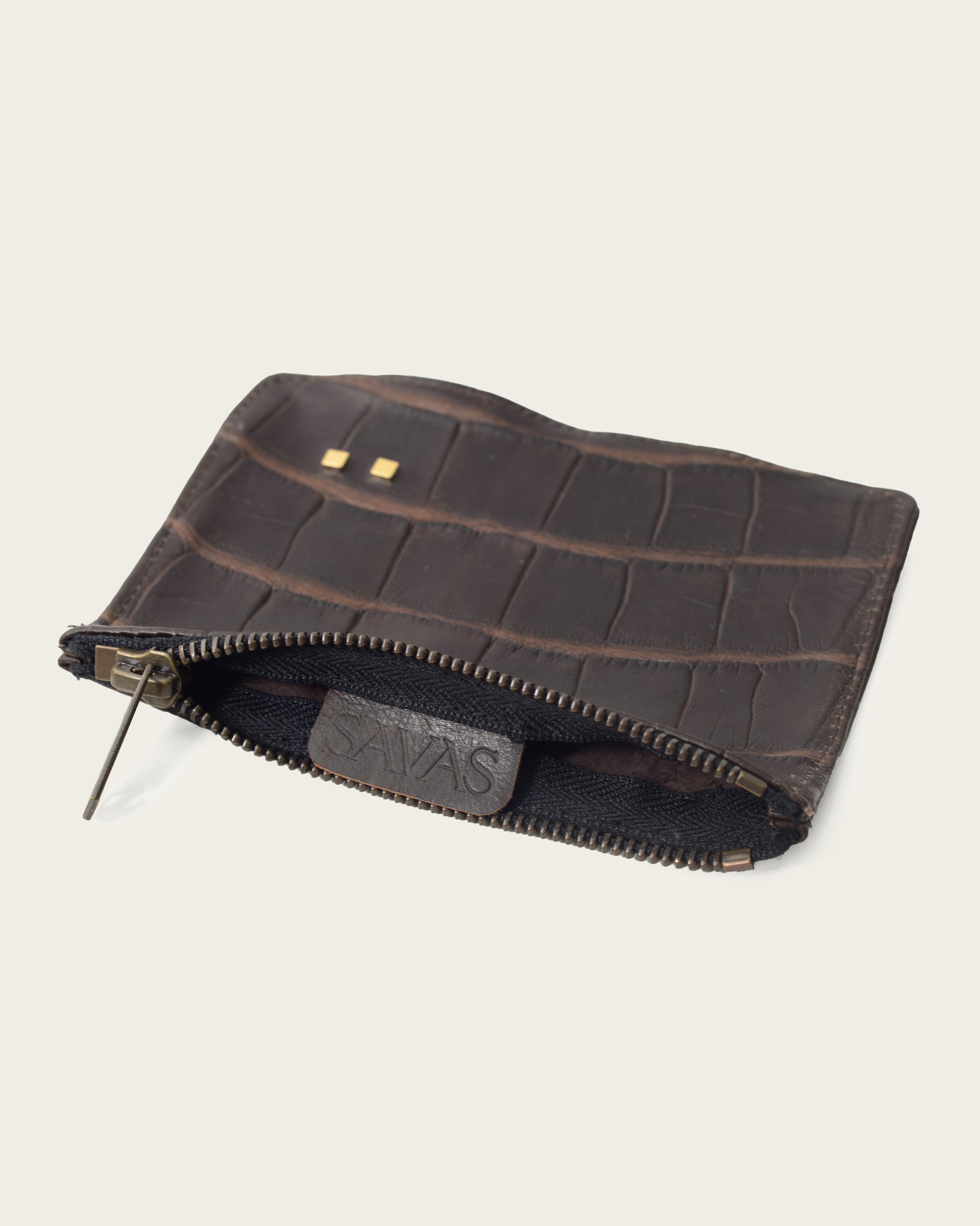 brown alligator wallet with custom handmade label by atelier savas in nashville tennessee
