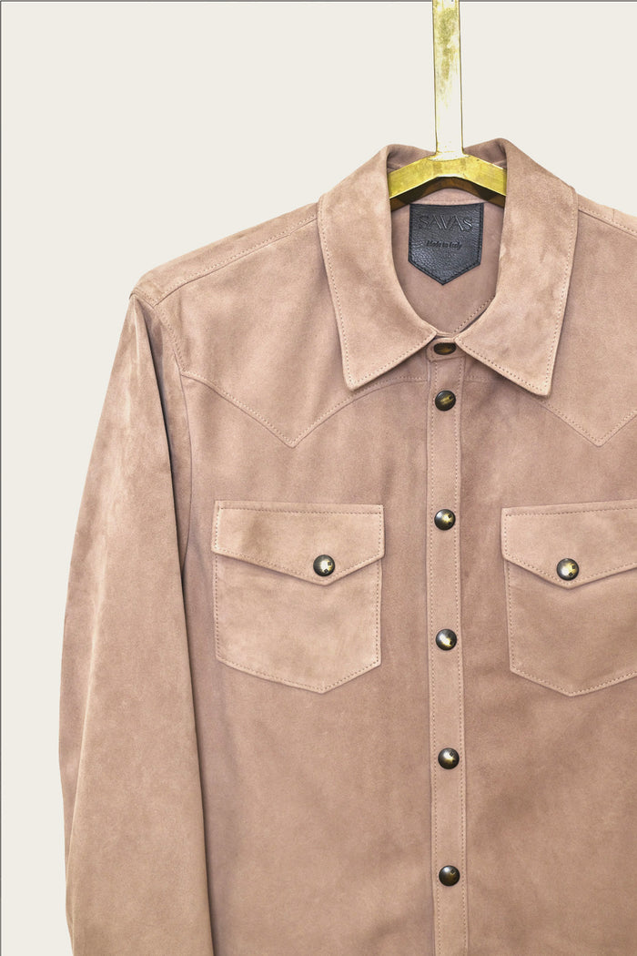 tan western shirt jacket in suede by atelier savas in nashville, Tennessee