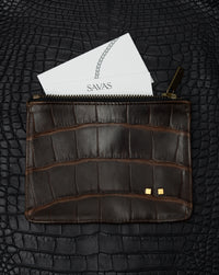 handmade zipper pouch in brown alligator by atelier savas in nashville tennessee